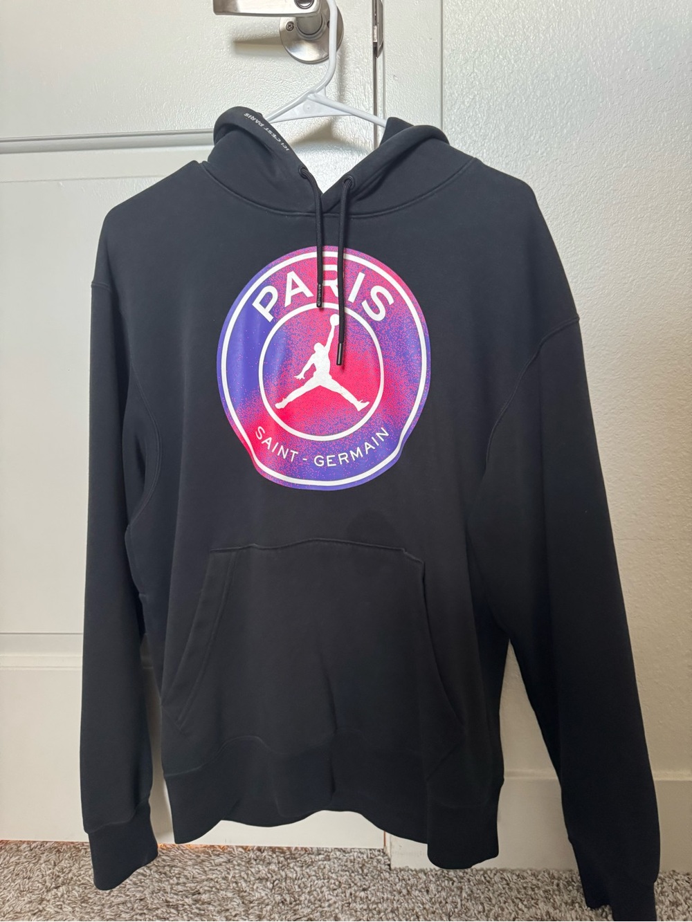Jordan Paris Saint-Germain Black Hoodie with Pink and Purple Logo